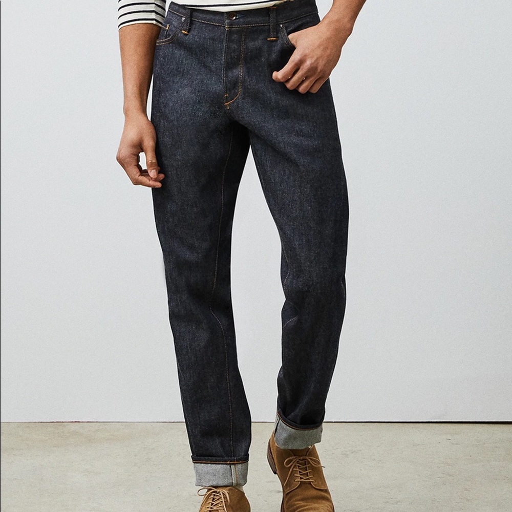 Gustin dark raw denim, Selvaged Men’s jeans, Made in California. Slim Fit